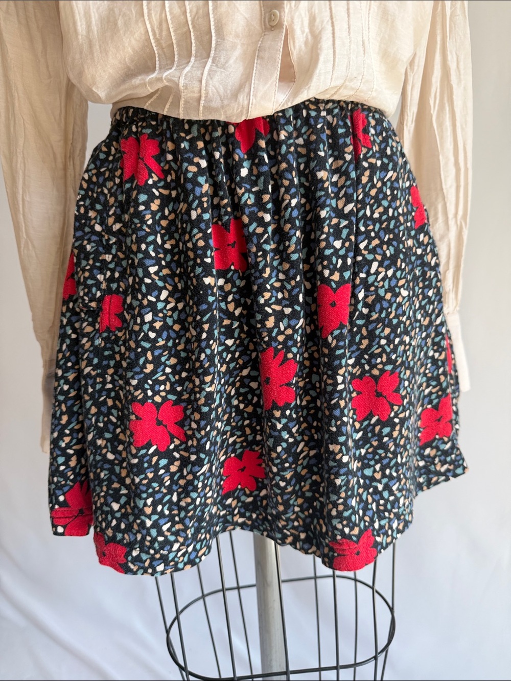 Cooperative Black Skater Skirt with Bold Red Floral Print